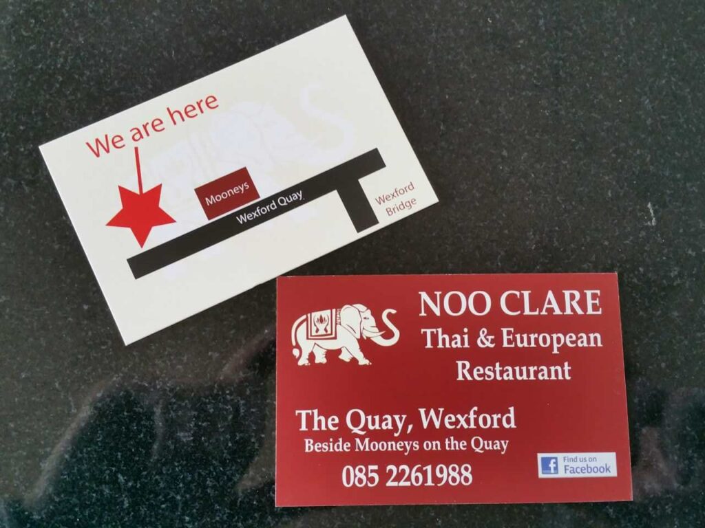 Back of business card designed for a restaurant customer in Wexford, Ireland. Red on front, back is white with map of location
