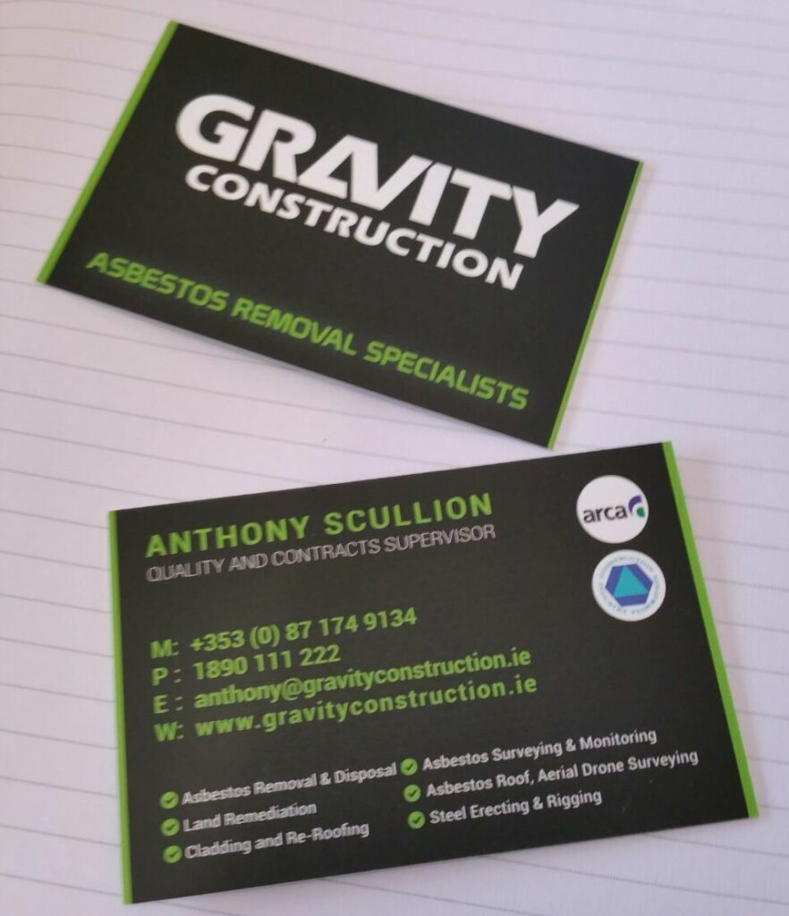 Two-side business card designed for a construction company in Wexford, Ireland. Black background with white and green text
