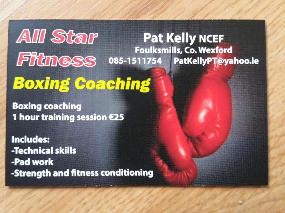 Two sided business card printed for a personal training customer in Wexford, Ireland. Black background with red, yellow and white text